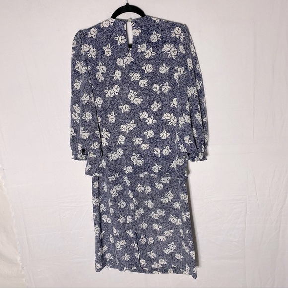 Vintage Leslie Belle Navy Blue Floral Long Sleeve Modest Polyester Dress M - Picture 2 of 15